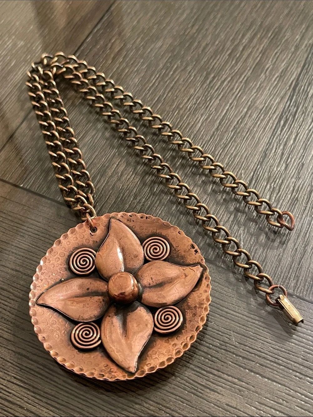 Vintage Mid-Century Modern Copper Flower Necklace Statement Artisan Piece